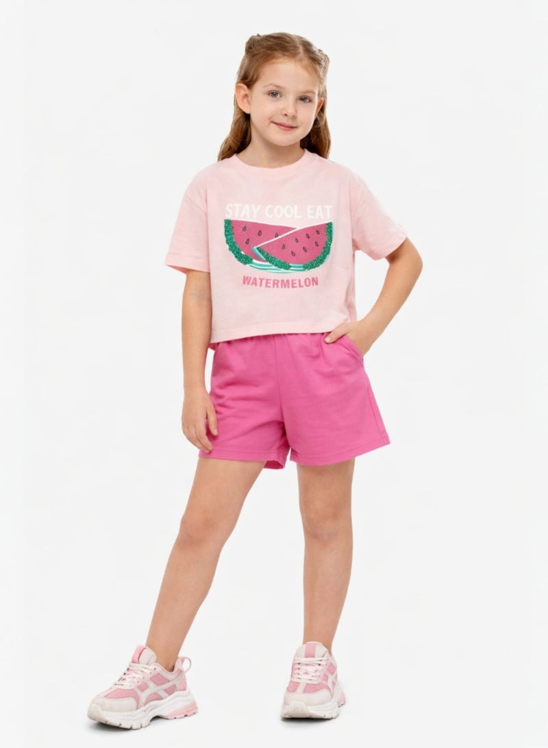victor and jane Girls 2 Pc Set Watermelon Print T-Shirt & Shorts Set – Light Pink & Pink - Image 2